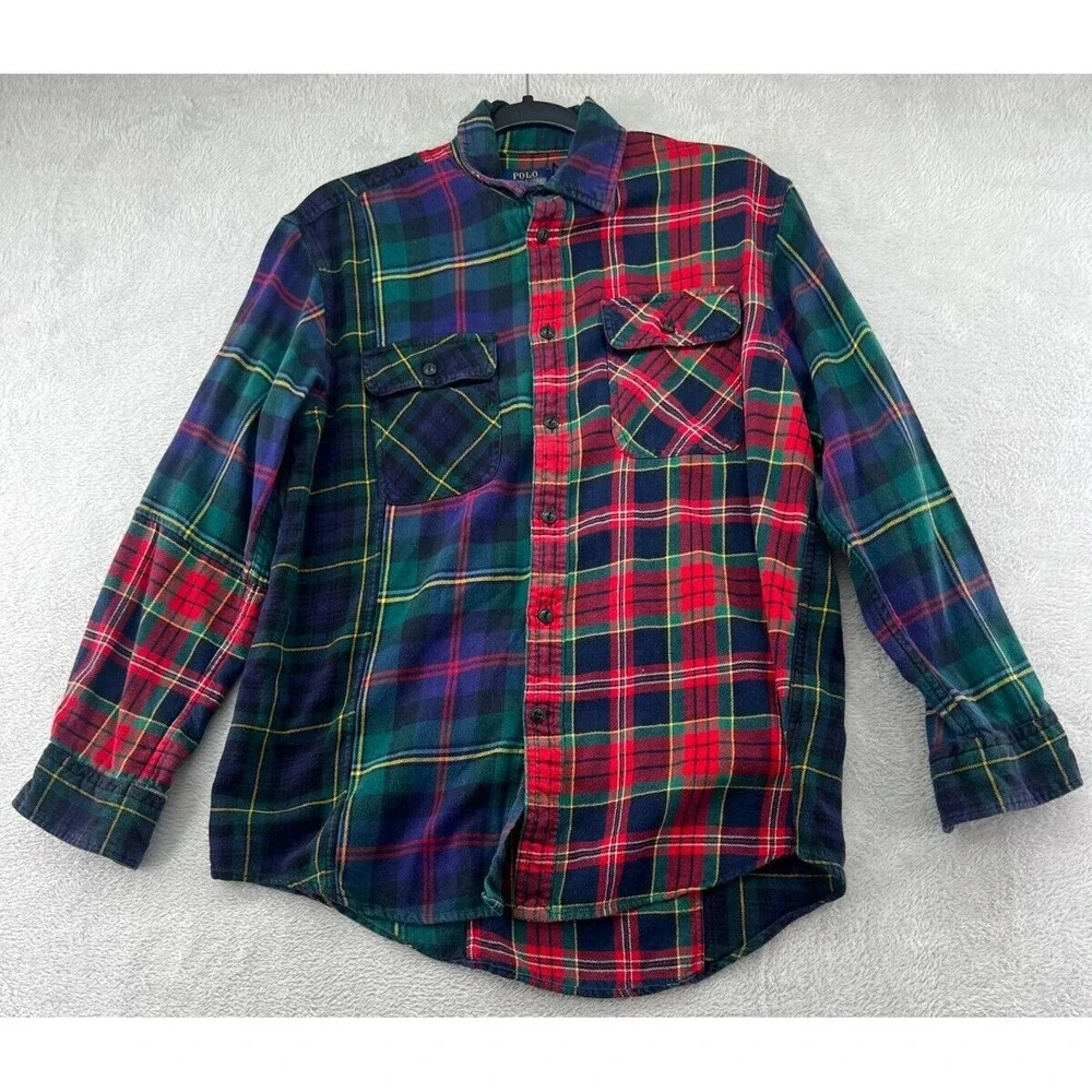 VTG Polo Ralph Lauren Shirt Mens M Patchwork Plaid Flannel Multi Color Button